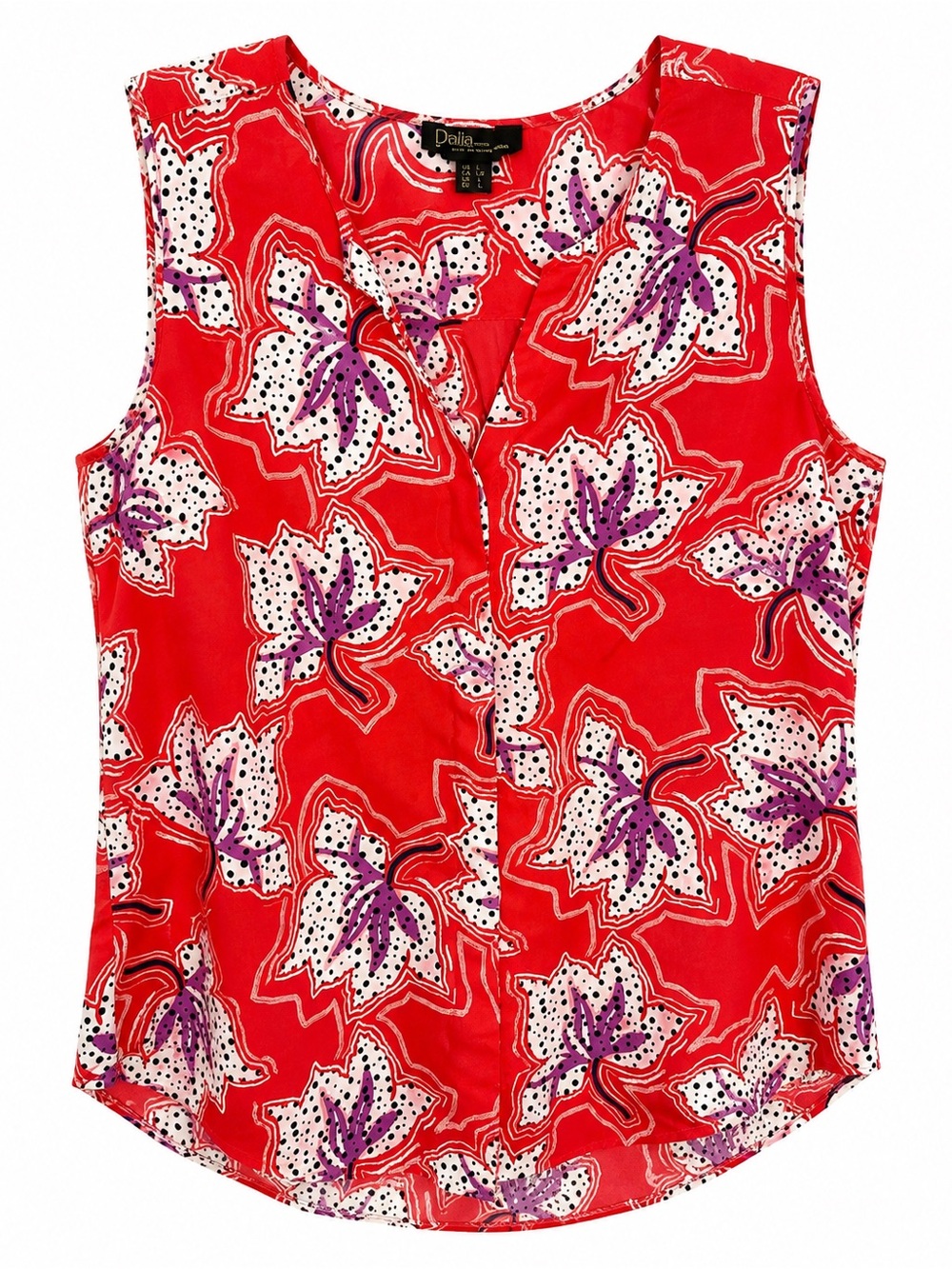 Dalia Women’s L Red Floral Sleeveless Blouse Polka Dot Hidden Button Tunic Top